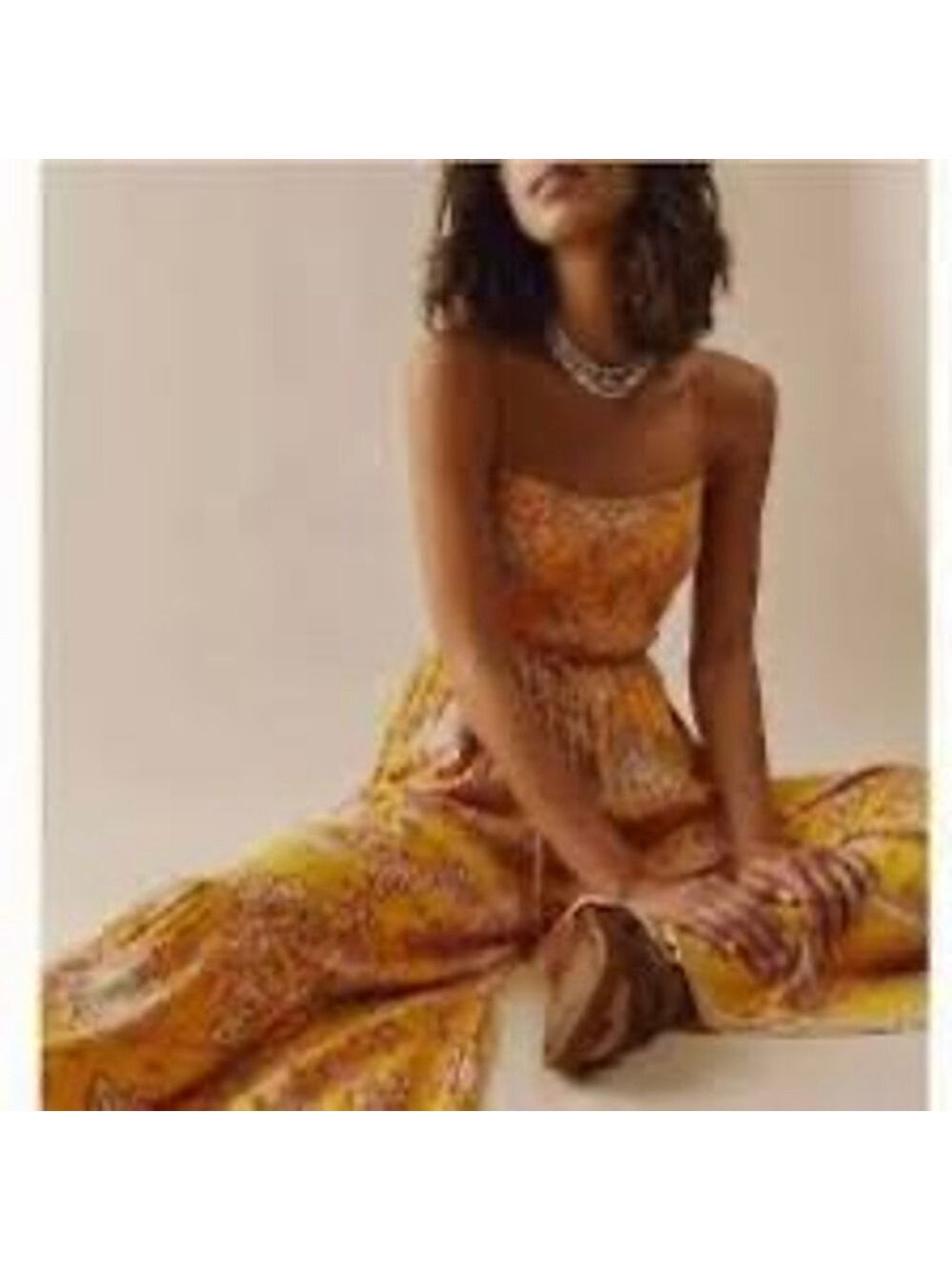 Free People Little of Your Love Floral Smocked Wide Leg Jumpsuit L Mustard - Picture 7 of 9
